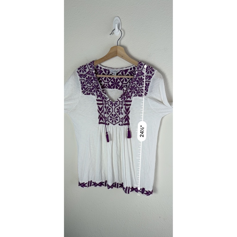 Lucky Brand Womens Small White Purple Embroidered Peasant Top Tassel Boho Blouse - Picture 5 of 8